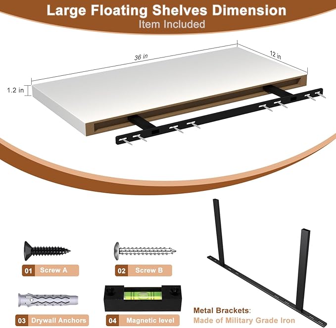 12 Inch Deep Floating Shelves for Wall 2 Pack Floating Shelfs Large Storage Space Wall Decor Display Shelf for Bathroom Living Room Bedroom Kitchen 36" W x 12" D x 1.2" H White