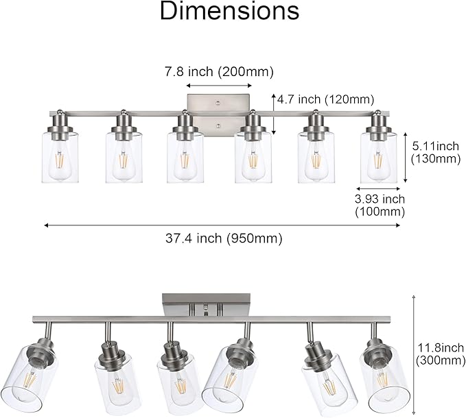 6 Light Track Lighting Kit Brushed Nickel Kitchen Track Lighting Fixtures Ceiling Mount Bathroom Vanity Wall Scones Light Fixture with Clear Glass, Rotatable Spotlight for Kitchen Shop Hallway
