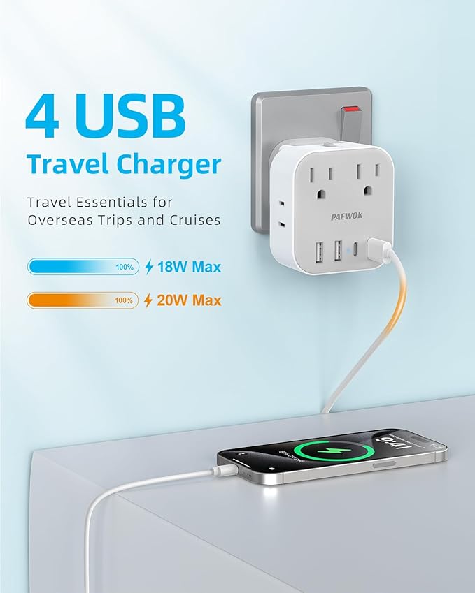 European Travel Plug Adapter Set, 8-in-1 Travel Adapter with 4 Outlets, 4 USB Ports (2 USB C), US to UK/EU/South Africa, International Power Adapter with Type C/G/D/M Detachable Plugs
