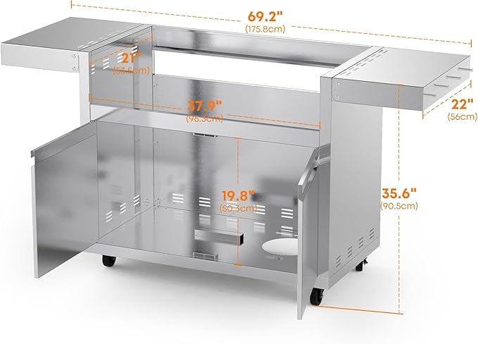 Stainless Steel Grill Cart for Hygrill 5-Burner Built-In Gas Grill, Outdoor Kitchen Island with Foldable Side Shelves and Storage Cabinet