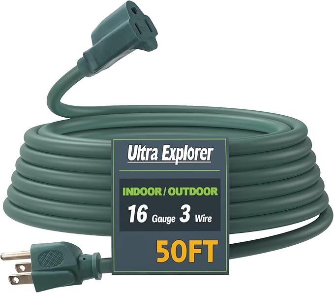 50 Ft Indoor Outdoor Green Extension Cord, 16/3 SJTW Heavy Duty Water-Resistant, 3 Prong Grounded Plug Power Cord for Home Appliance, Lights and Lawn, 13A 1625W, UL Listed