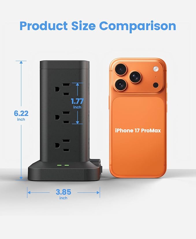Power Strip Tower with Surge Protector 1800J, Fast Charging Tower PD20W USB-C Ports with 12 AC Outlets, 6ft Extension Cord for Home Office Dorm Room, Black
