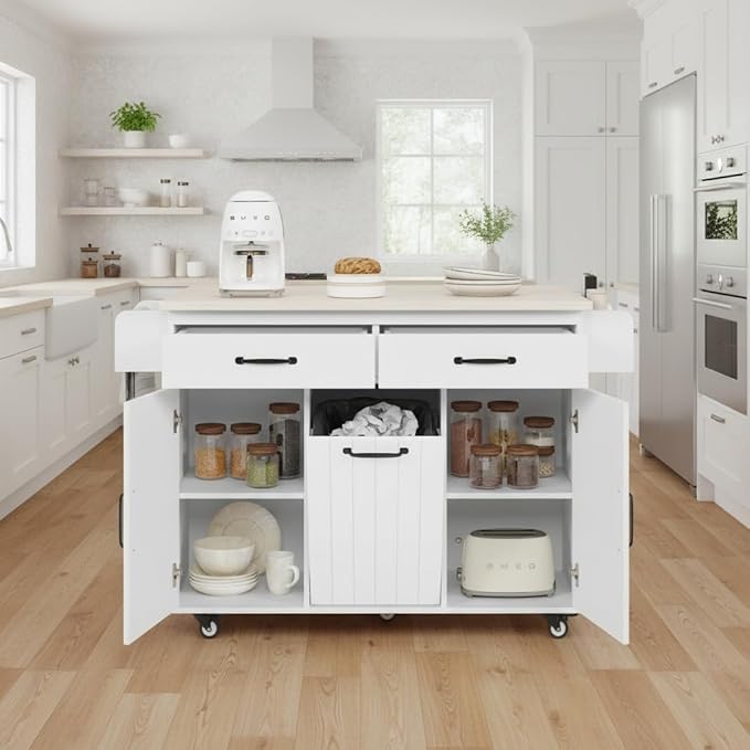 51" Moveable Kitchen Island with Trash Can Storage Cabinet, Kitchen Cart with Drop Leaf, Spice Rack, Towel Rack and Drawer, Rolling Kitchen Island on 5 Wheels with Adjustable Shelf,White