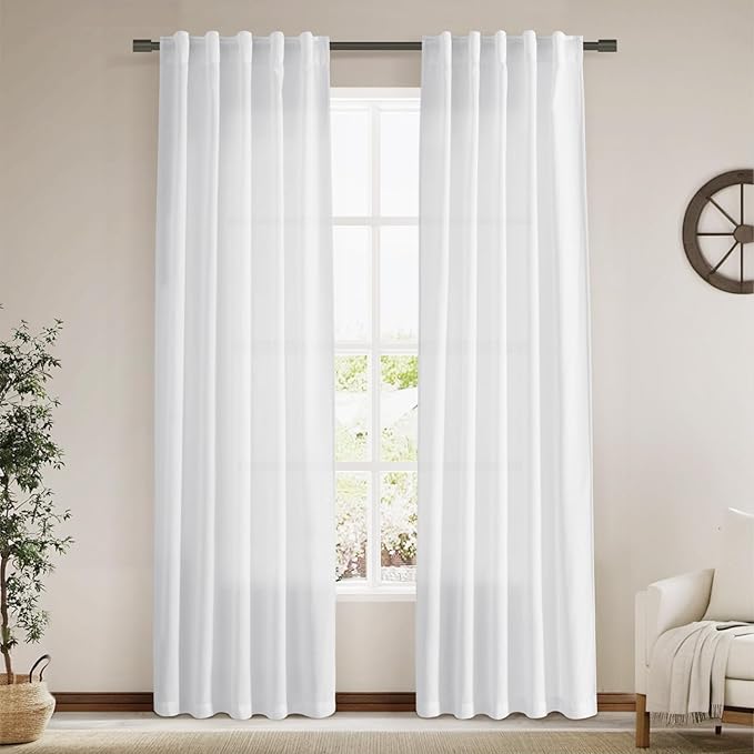 Semi Sheer White Curtains 84 Inches Long 2 Panels Back Tab Rod Pocket Linen Textured Pleated Cotton Curtains Modern Bedroom Decor Light Filtering Lightweight Country Drapes for Living Room 40x84