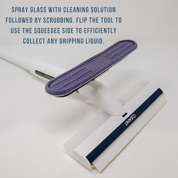 Don Aslett No Drip Squeegee with 4 Ft Long Aluminum Handle (White) Cleaning Tool with Solution Container, Spray, & Scrubber for Bathroom Shower Glass Door, Mirrors, Household Windows, Car Windshield