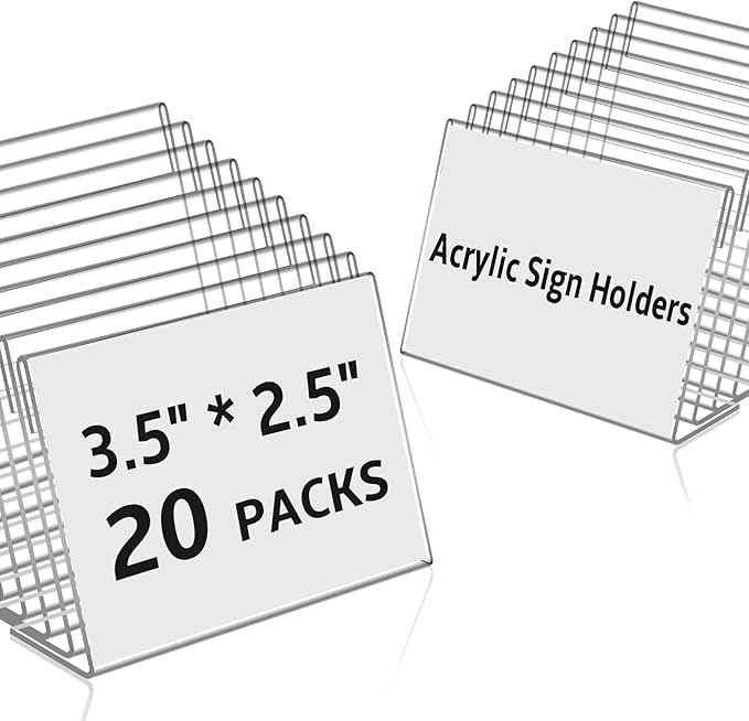 20 PCS 3.5 x 2.5 inch Small Acrylic Sign Holder, Mini Acrylic Food Signs Labels for Party Buffet, Retail Price Display Holder, Clear Plastic Counter Top Stand for Place Cards, Name Card, Wedding Signs