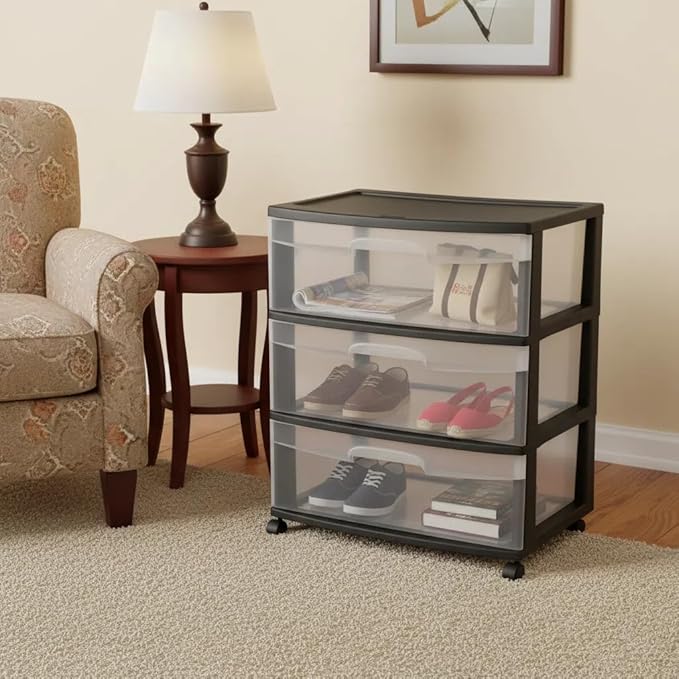 3 Drawer Wide Plastic Storage Cart with Clear Pull-Out Drawers & 4 Wheels - Medium Home Organization Container for Classroom Bathroom Dorm Bedroom Laundry Room (Black)