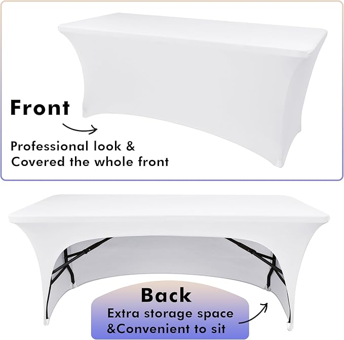 Nasitos 2 Pack White 6 ft Table Cloth Fitted-Open Back Spandex Table Covers Fabric Washable and Wrinkle Resistant Stretch Tablecloth for Parties, Wedding, Banquet, Jewelry Trade Show, Craft Fair