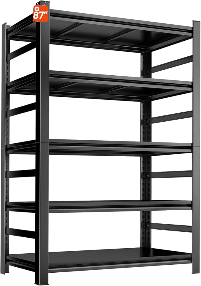 Garage Shelving Units, Heavy Duty 5-Tier Storage Shelves, Metal Adjustable Storage Rack, Steel Shelves, 2750 lbs Capacity, Industrial Shelving for Heavy Tools (Black, 24"Dx47"Wx77"H, 5-tier)