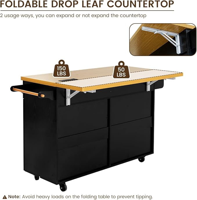 COCO DESIGN 60" Rolling Kitchen Cart with Power Strip & Drop Leaf, Thick Countertop, Large Storage Cabinet & Drawers, Mobile Island with Locking Wheels, Towel Rack and Spice Rack, Black and Oak