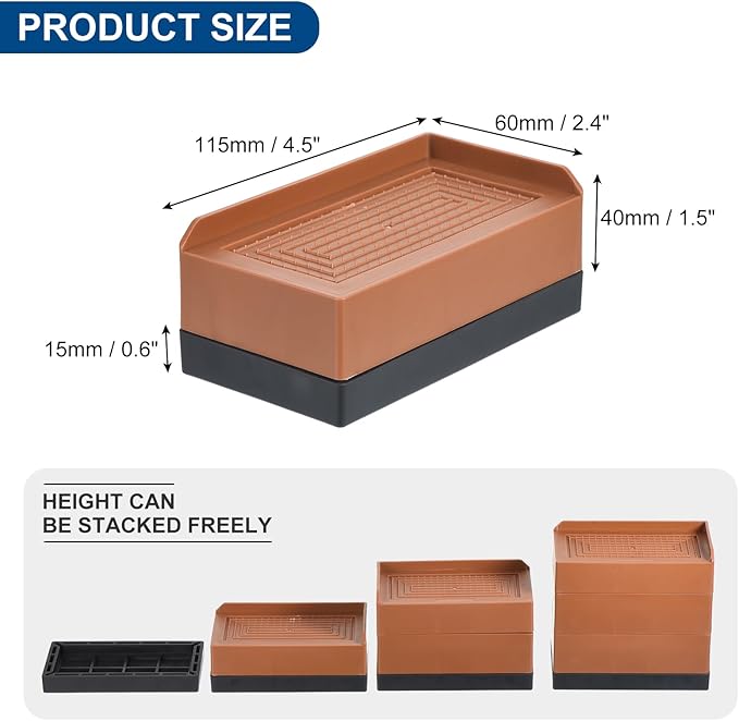 uxcell Furniture Risers 4.3 Inch, 4Pcs Rectangle Bed Risers Adjustable Couch Lifter for Extender for Bed Desk Sofa Table Lift Support Up to 1300Lbs, Brown