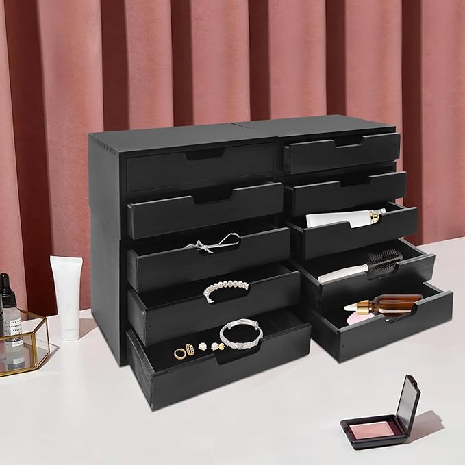 4-piece Drawer Cabinet, Organizer Sorter Container Keeper Unit Storage Box Stackable Chest Divider Shelf System with 10 Drawers & 4 Stackable Units for Home Office Study Room Dorm Bedroom(Black)
