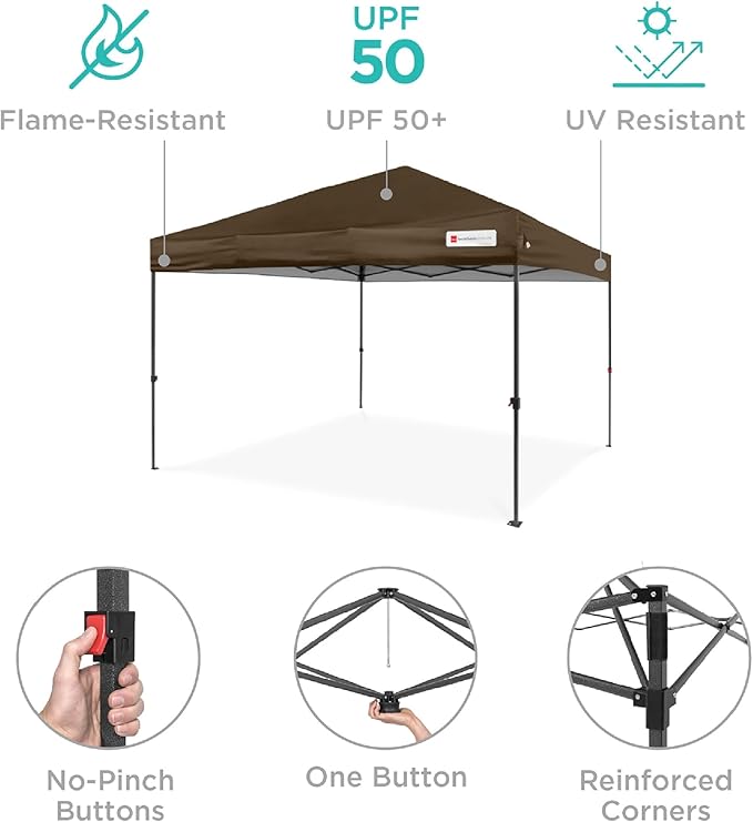 Best Choice Products 10x10ft 1-Person Setup Pop Up Canopy Tent Instant Portable Shelter w/ 1-Button Push, Case, 4 Weight Bags - Brown