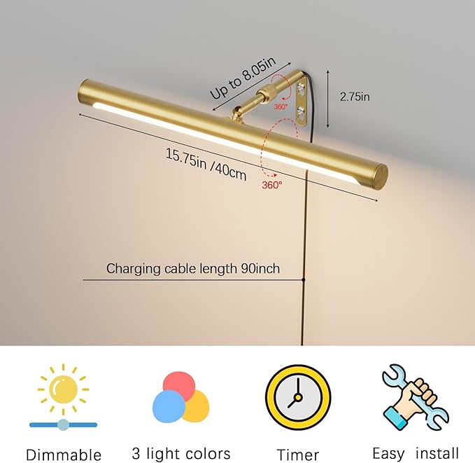 Picture Lights for Paintings Plug in, 16" Adjustable LED Gold Picture Light Art Light, Remote Control Gallery Painting Wall Light for Picture Display Dartboard Art Work (Gold)