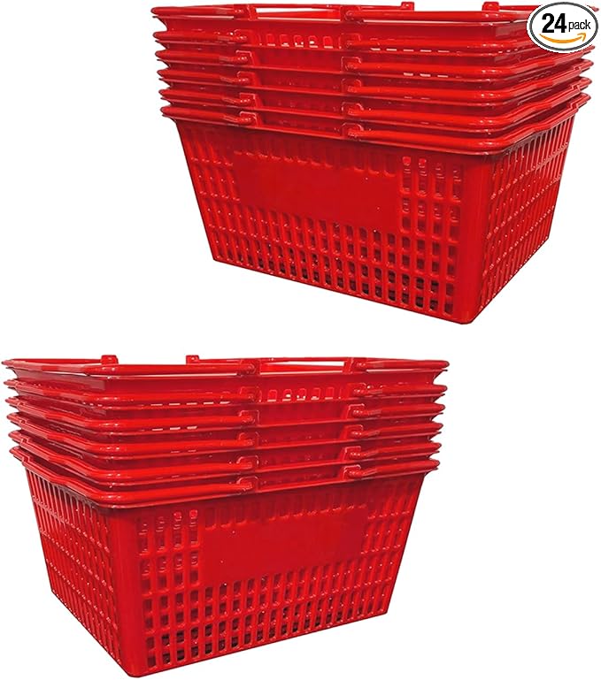 Stackable Plastic Shopping Baskets, Red and Blue, Easy-Grip Handles for Grocery, Retail, Liquor Stores, Home Use (12-pack, Red)