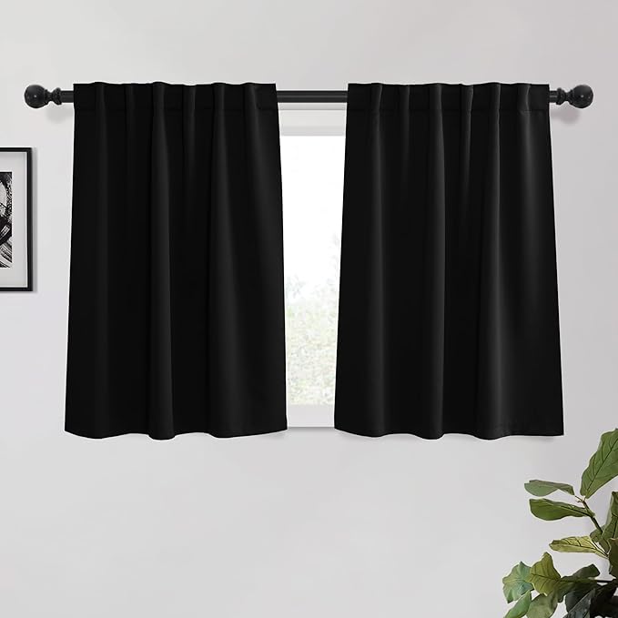 KGORGE Small Window Curtains Blackout, Privacy Thermal Insulating Energy Saving Noise-Reducing Room Darkening Cabinet Tier Curtains for Bedroom Kitchen Office, W34 x L45 inches, Black, 2 Panels