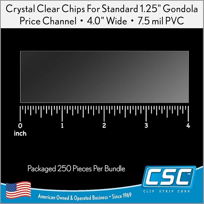 Clip Strip Corp. Price/Data Channel Label Holder Chips, Clear Plastic Tags, 4" L x 1.25" H, 7.5 Mil Thick, Gondola Shelf Edge, Reusable, Made for Point of Purchase Shelf Molding (1000)