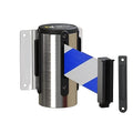 Montour Line WM115 Wall Mounted Retractable Belt Barrier with Standard Belt End, Fixed Mount, Polished Stainless Steel Casing (13 ft Blue and White Diagonal Belt)