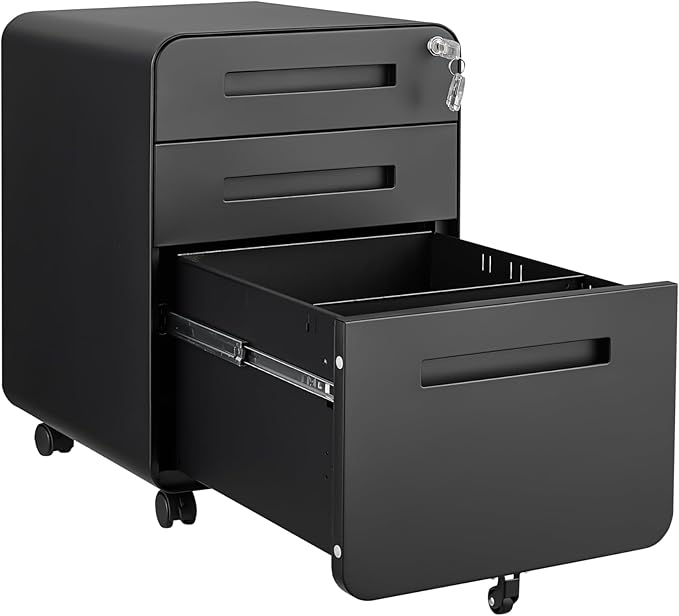 3 Drawer Mobile File Cabinet with Lock, Under Desk Metal Filing Cabinet for Home Office, Assembled Removable Under Desk Storage with Wheels for A4-Size/Letter-Size/Legal-Size (Black)
