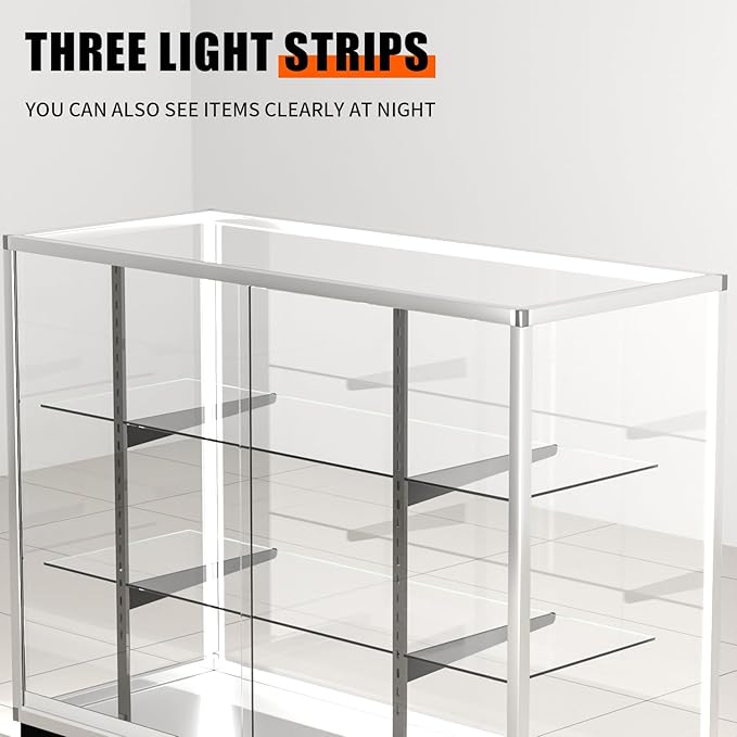 70”D * 20”W * 38”H, Freestanding LED Retail Full Vision Glass Display Case, Silvery Aluminum Frame, Two Adjustable Height Tempered Glass Shelves