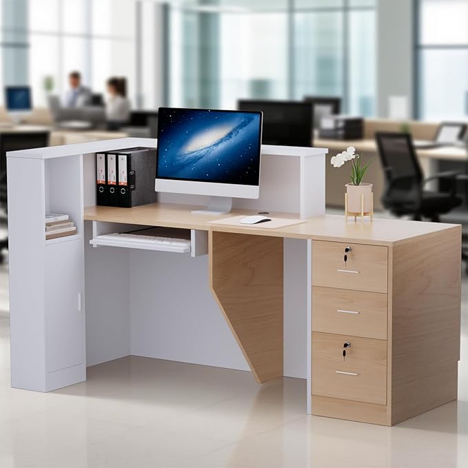 L-Shaped Modern Reception Desk with Counter & Storage - 71" Large Office Front Desk, Salon Checkout Counter with Lockable Cabinets, Shelves (Oak & White, Right - 71''L x 34''W x 41''H)