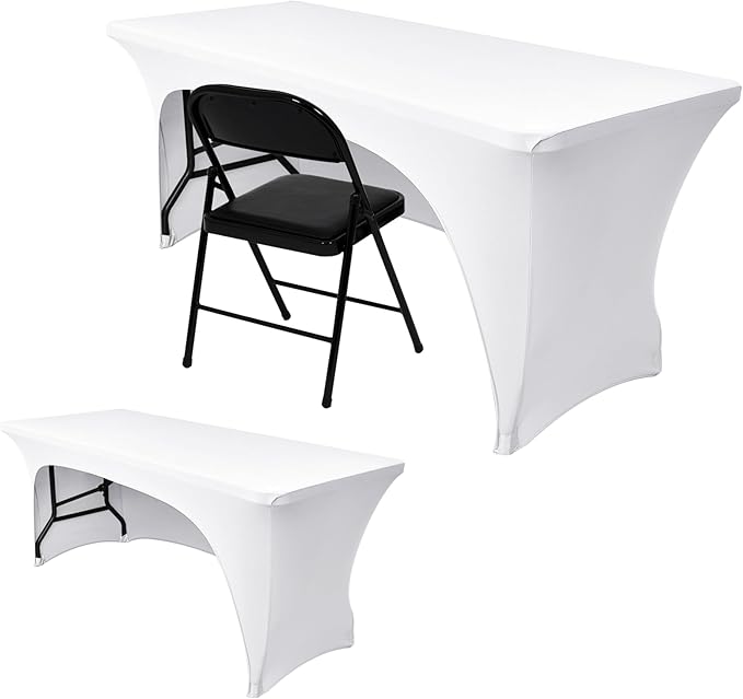 Nasitos 2 Pack Fitted White Tablecloth Rectangle for 4 ft Table-Open Back Folding Stretch Spandex Table Covers Fabric Washable and Wrinkle Resistant for Parties, Wedding, Craft Fair, Trade Show