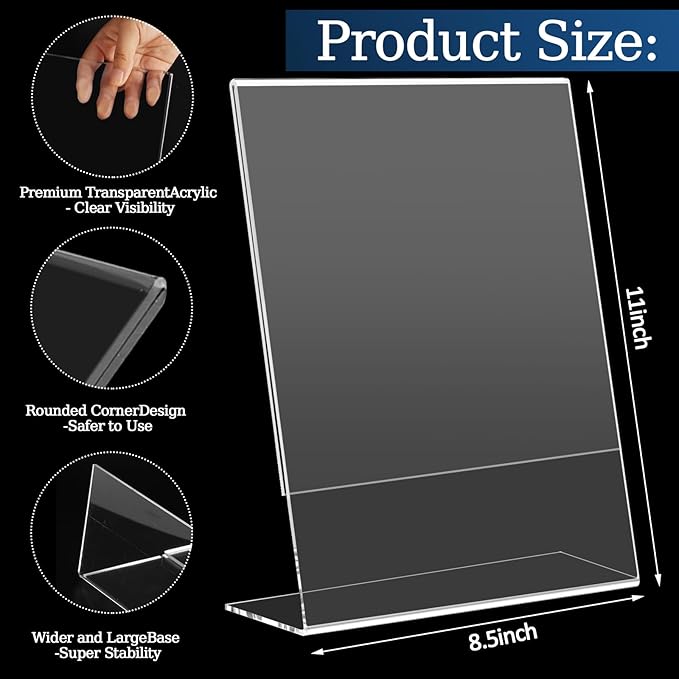 12 Pack 8.5x11 Inch Acrylic Sign Holder Clear Plastic Table Paper Display Stand L-Shape Vertical Menu Holder Stand Picture Photo Flyer Display Stand for Desktop Flyers, Documents, Office, Restaurants
