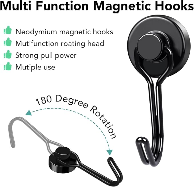 MIKEDE 12 Pack Magnetic Hooks, 40Lbs Heavy Duty Neodymium Magnet Hooks Black Magnetic Swivel Hooks for Hanging, Rust Proof Strong Magnets with Hook Magnetic Metal Hanger for Toolbox, Storage