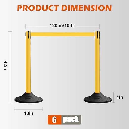 6 Pack Yellow Crowd Control Stanchions with 10FT Belts and Rubber Base, Queue Barrier Posts for Events, Stores, and Public Safety