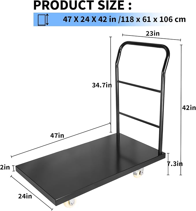 Heavy Duty Platform Truck, 3000 lbs Capacity Steel Flatbed Cart, 47" x 24" Push Cart Dolly, Black Platform Cart for Luggage and Equipment Moving