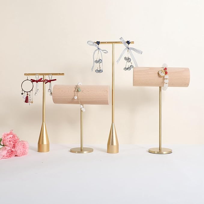 GemeShou White bracelet holder stand for selling, wood bracelet organizers and storage, retail bracelet hanger display for boutique Home Decor【Beech Brass Bracelet Holder-Low】