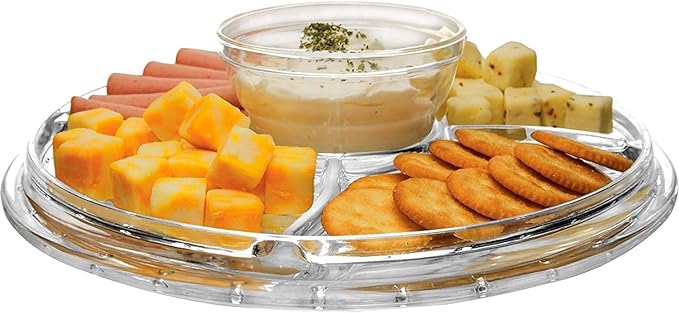 JOEY'Z Extra Large (12") 6 in 1 Acrylic Cake Stand with Dome Lid Multifunctional Serving Platter and Plate, Salad Bowl/Veggie Platter/Punch Bowl/Desert Platter/Chips & Dip - BPA Free