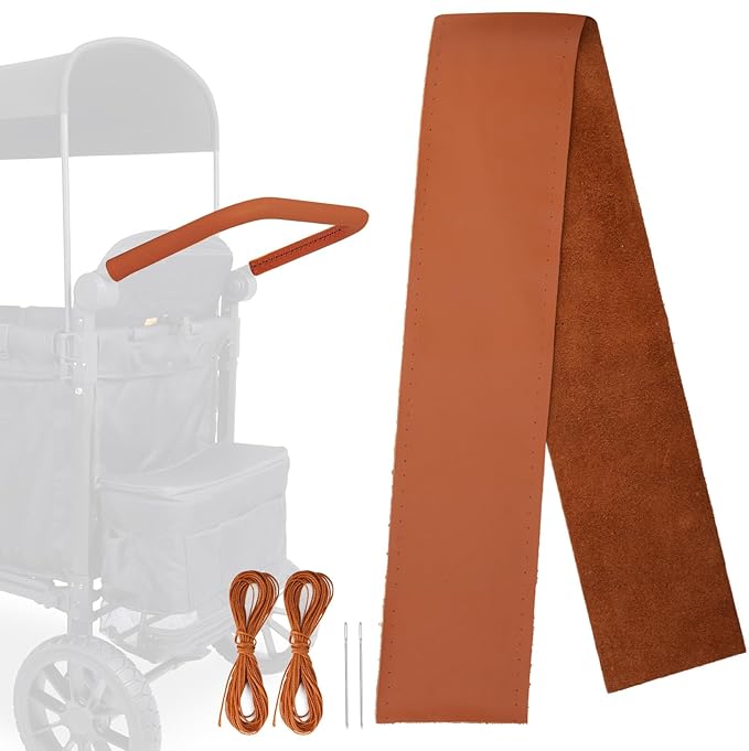 Universal Genuine Leather Handle Cover Compatible with Wonderfold Stroller W2/W4,38 inches Long Hand Sewn Handle Cover for Most Stroller Wagon(Brown),Non-Zippered Style
