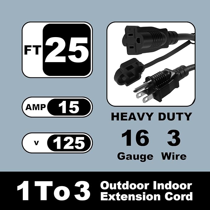 Black 25FT Outdoor Extension Cord,Evenly Spaced 3 Outlets Plugs,16/3 SJTW Wire with Safety Cover for Outdoor String Lights, Landscaping Light, Holiday Decoration and Christmas,UL Listed