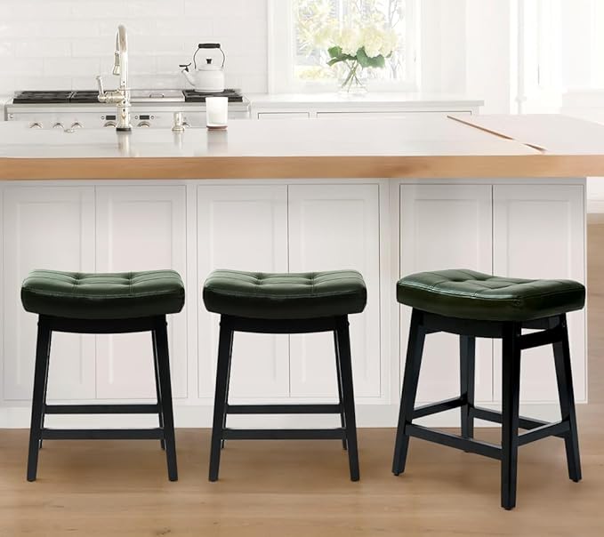 Counter Height Bar Stool for Kitchen Counter Modern Backless Barstool with Upholstered Faux Leather Seat and Solid Wood Leg Farmhouse 24 inch Bar Chair, Green + Black, 1pc