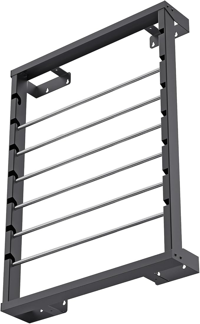 SELEWARE Heavy Duty Wall-Mounted Wire Spool Rack – Cable Reel Holder and Dispenser with 6 Adjustable Stainless Steel Rods for Industrial, Electrical, and Retail Storage and Display (Black)