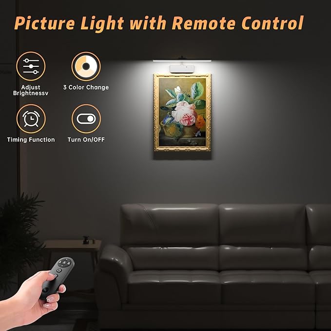Lightbiz Picture Light 2 Pcs, 15.35inch 5400mAh Rechargeable Picture Lights for Wall Battery Operated Wall Lights with Remote, 3 Colors Paintings Light Dimmable Art Light for Artwork, Gallery (Silver)