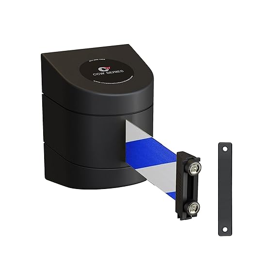 Crowd Control Warehouse - CCW Series WMB-220 Magnetic Wall Mount Retractable Belt Barrier - 15 Foot, Blue and White Diagonal Belt with Black ABS Case