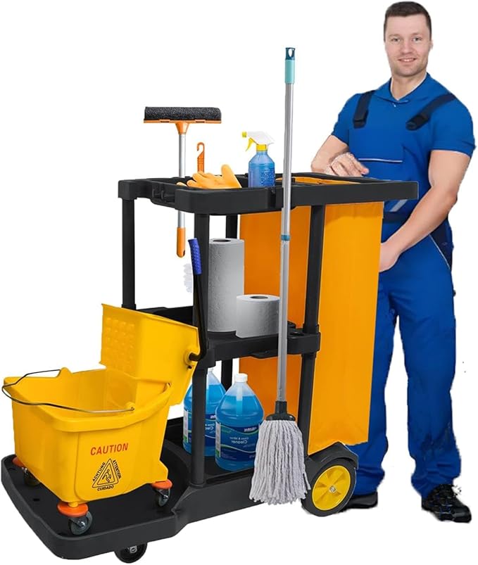 tonchean Commercial Janitorial Cart, 3-Shelf Large Capacity Housekeeping Cart with 25 Gallon Vinyl Bag & Wheels, 44.5" L x 22" W x 36.6" H, Utility Clean Trolley for Professional Cleaning, Black