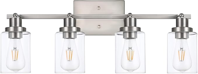 4 Light Track Lighting Fixtures Ceiling Kitchen Track Lighting Kit Brushed Nickel Bathroom Tracking Vanity Lights with Clear Glass Shade, Rotatable Spotlight for Accent Task Wall Art Hallway