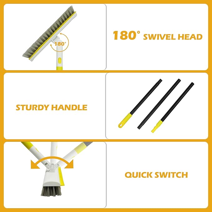 Floor Scrub Brush with 180° Rotating 50" Long Handle for Cleaning, 2 in 1 Scrape Scrubber Brush with Squeegee, Tile Tub Scrub Brushes Attachment for Clean Bathroom Deck Kitchen and Floor Wall