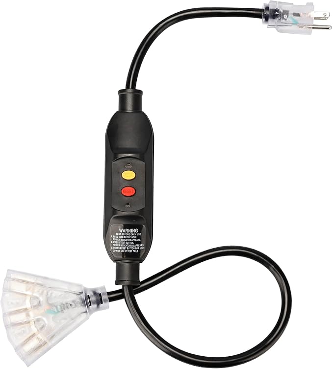 PLUGTUL 3FT GFCI Extension Cord with 3-Outlet, Auto Reset, 12/3 Outdoor Extension Cord with Lighted End, SJTW, ETL Listed, Black