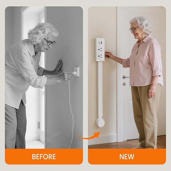 Adjustable Power Extension Pole with USB-C & USB-A Ports, 2 AC Outlets, 22–27 Inch Expandable Length, 180° Rotating Design, Space-Saving Power Strip for Sofa, Desk, and Bedside Use