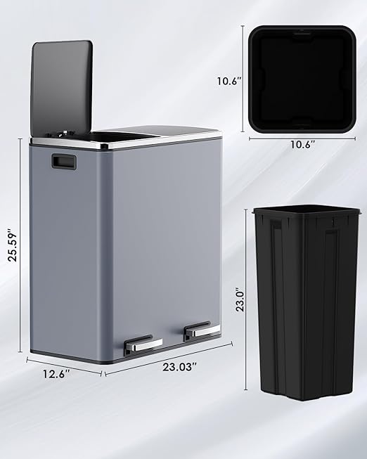 Arlopu Dual Trash Can, 2 x 8 Gallon (2 x 30 L) Hands-Free Trash and Recycle Bin Combo, Stainless Steel Kitchen Garbage Can with Soft-Close Lid, Removable Inner Buckets, Step Pedal, Airtight (Grey)