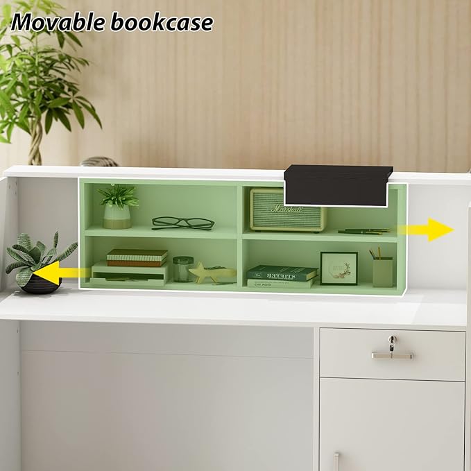 AIEGLE Reception Counter Desk with Adjustable Shelf & Lockable Drawersfor Salon Reception Room Checkout Office, White (55.1" L x 23.6" W x 43.3" H)