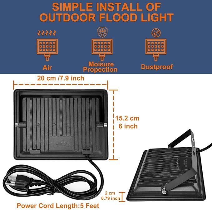 XXBSAZ 2 Pack 100W LED Flood Lights Outdoor, 12500LM Plug-in Hardwire Work Light IP66 Waterproof - 6500K Daylight Bright for Yard, Garage, Stadium