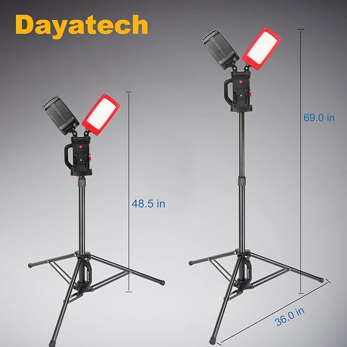 12000LM 85W Cordless LED Work Light, Dual-Head with Tripod, Compatible with Dewalt, Milwaukee, Makita 18–21V Battery, Flicker-Free, Glare-Free, Brightness Adjustable for Jobsite and Garage
