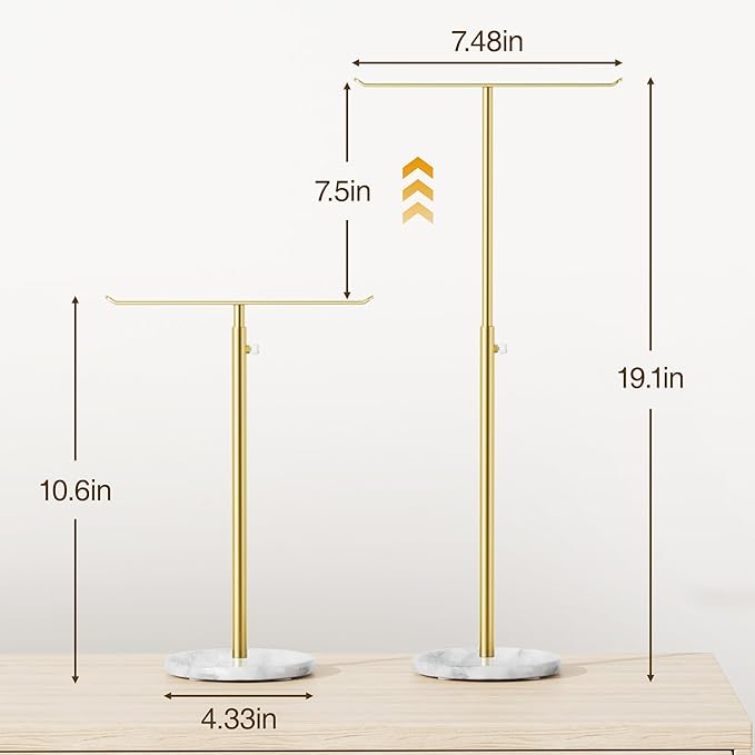 Gold Necklace Holder Jewelry Organizer Stand – Adjustable Height T‑Bar Jewelry Display with White Marble Base, Necklace & Bracelet Holder, Countertop Jewelry Stand