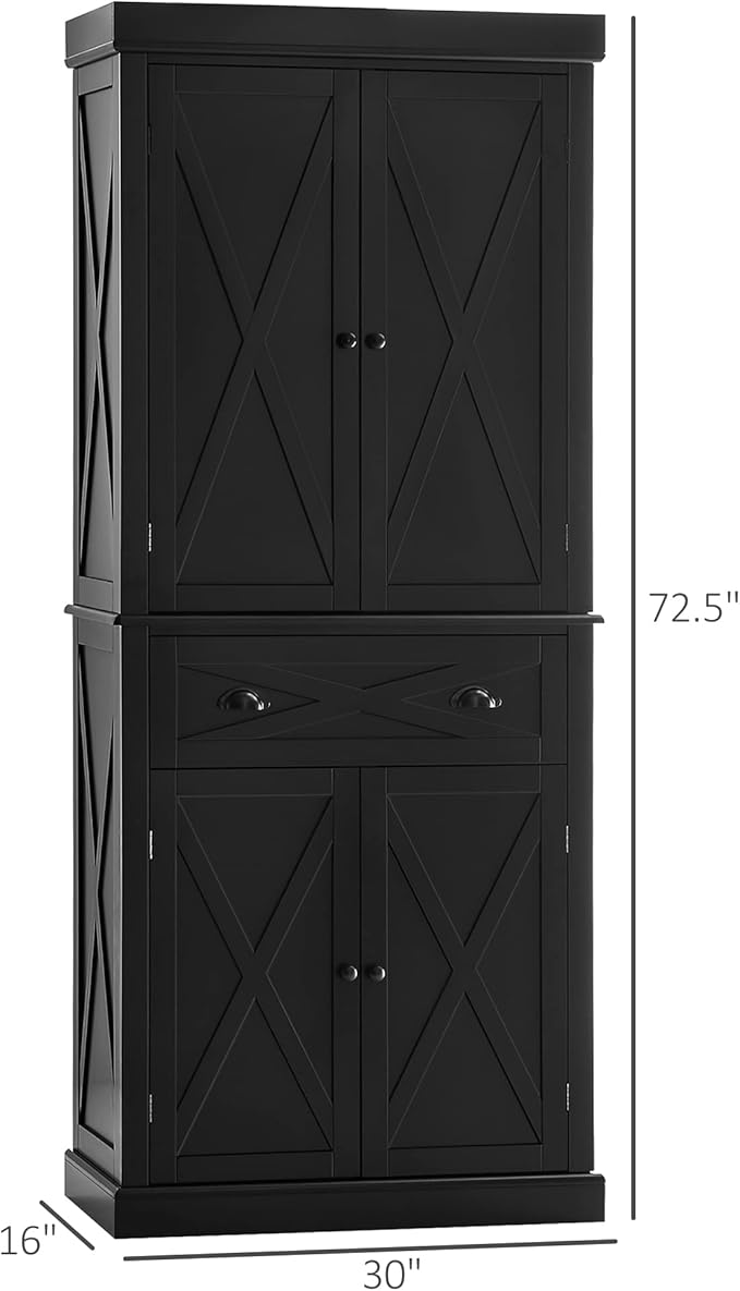 HOMCOM 72" Kitchen Pantry Storage Cabinet, Traditional Freestanding Pantry Cabinet with 4 Doors and 2 Adjustable Shelves, Large Central Drawer, X-Frame, Black