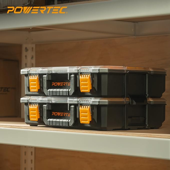 POWERTEC Small Parts Organizer & Tool Box – 10 Compartments, IP65 Water & Dust Protection, Stackable Storage with Interlocking Latch, Removable Tray, Clear Lid, Portable Design, 2-Pack (72365-P2)